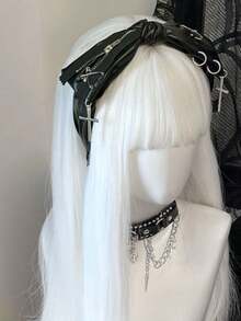 1件朋克铆钉PU皮革发箍，复古哥特Y2K朋克风格，洛丽塔朋克纯色发饰，发箍头饰发带 - 黑色 - 查看 4