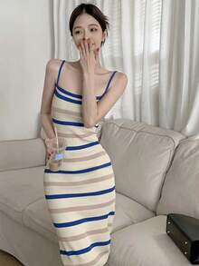 Elegante Vestido de tirantes de Mujer, Vestido sin Mangas, Entallado, Tejido de Rayas - Albaricoque - Ver 8
