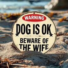 1个幽默励志圆形金属标牌，“小心恶犬，谨慎妻子”，设计有趣，可作家居酒吧装饰墙饰，尺寸7.8x7.8英寸，适用于家庭、花园、车库、农舍，可作节日礼物，已预钻孔，尺寸如图所示。 - 彩色 - 查看 6