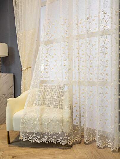 1pc Beige Jacquard Ginkgo Leaf Hollow Lace Trim Sheer Curtain, Semi-Blackout Pole Top Curtain For Living Room And Bedroom, Noise Reduction And UV Protection, Christmas Decor Blackout Curtain (180g Fabric Weight)