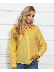 Women's Cotton Linen Blouse Long Sleeves Plus Size - Yellow - View 6