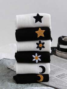 1 Pair Moon & Star Embroidered Socks, Women's Autumn/Winter College Style Sports Socks, Mid-Calf, Warm & Breathable