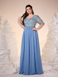 Plus Anpoket，新款V领撞色刺绣中袖雪纺晚礼服，适合舞会、婚礼、派对、婚礼宾客、晚宴、情人节等场合。 - 藍色 - 查看 3