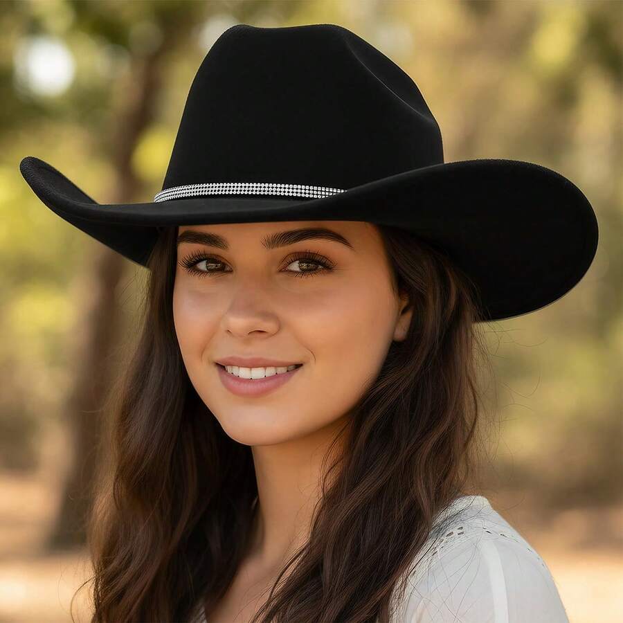 Rhinestone Western Cowgirl Hats Fashionable Wide Brim Party Fedora Caps For Women And Men - 黑色 - 查看 1