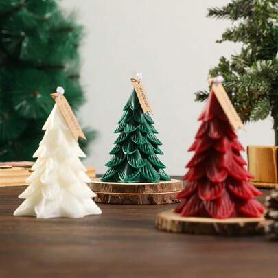 1pc Christmas Big Leaf Cedar Christmas Tree Shaped Scented Candle, Home Decor Ornament, Holiday Gift, No Wooden Base, Product Weight: 100g, Size: 7*10cm, Kraft Paper Box