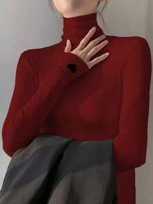 女士修身爱心图案高领长袖T恤，春夏款，适合新年、情人节等场合 - 酒紅色 - 查看 5