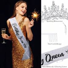 Birthday Queen Sash Tiara Crown Silver Tiaras And Crowns For Women Girls Crystal Princess Tiara Rhinestone Headbands Quinceanera Crown Headpieces Happy Birthday Decorations Accessories For