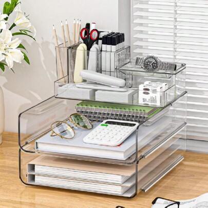 Paper Organizer Letter Tray - Acrylic Stackable Desk File Organizer With 5-Gird Tray And Pencil Holder, Clear File Organizer For Desk, Office Organizer For File Paper, Ipad, Letter, Small Item Etc,24329204