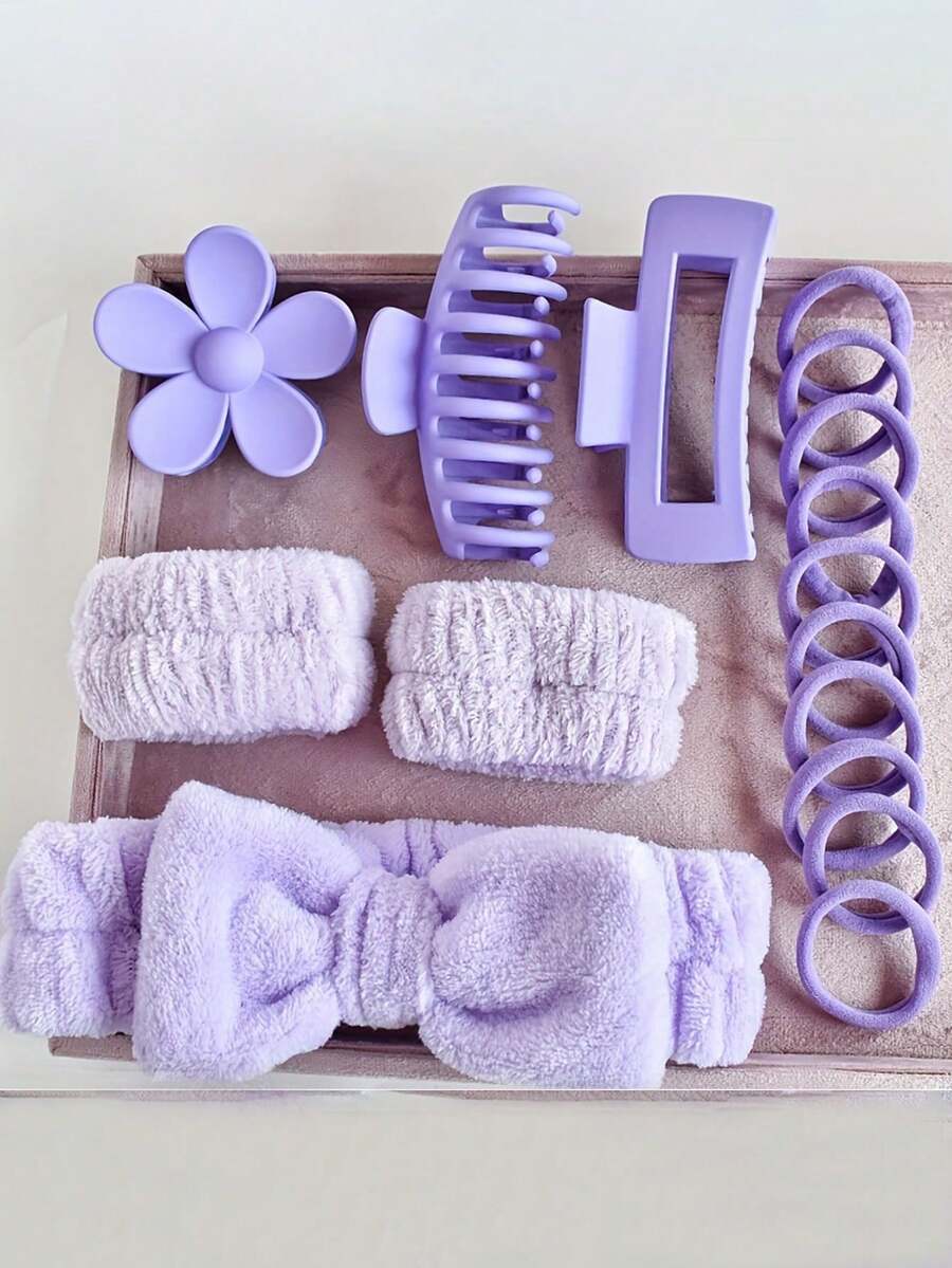 16pcs Pink/Black/Rose Red/Purple Wavy Elegant Solid Color Thickened Headband Wristbands, Pink Simple Home Hair Accessories, Plush Hair Rings Flower Hairpins Multi-Color Accessories, Home Bathroom Decoration Summer Back To School, Suitable For Girls' Daily Makeup, Face Washing And Decoration.