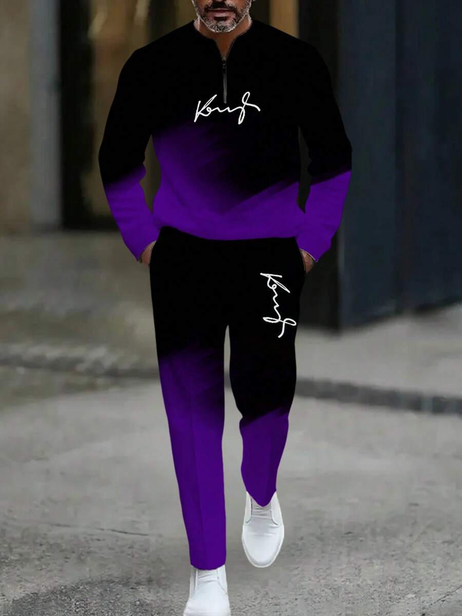 Autumn/Winter New Men's Casual Stand-Up Collar Suit, With "King" Text Logo, Gradient Style Men's Stand-Up Collar Zipper Casual Sport Suit, With Purple, Green, Dark Gray, Light Gray And Other Color Matching, Each Set Includes A Stand-Up Collar Half Zipper Top And A Draw Casual Long Pants, The Overall Use Of Gradient Color Design Sports, Street Style Suit, Men's Clothing, Men's Suit.  Striped    Spring/Fall    Regular Fit    Pocket  Zipper    Going Out  Daily - 紫色 - 查看 1