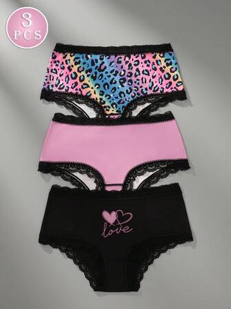 3pcs/Pack Sexy & Cute Pink, Fuchsia, Heart & Leopard Print Lace Trim Women's Comfortable Underwear