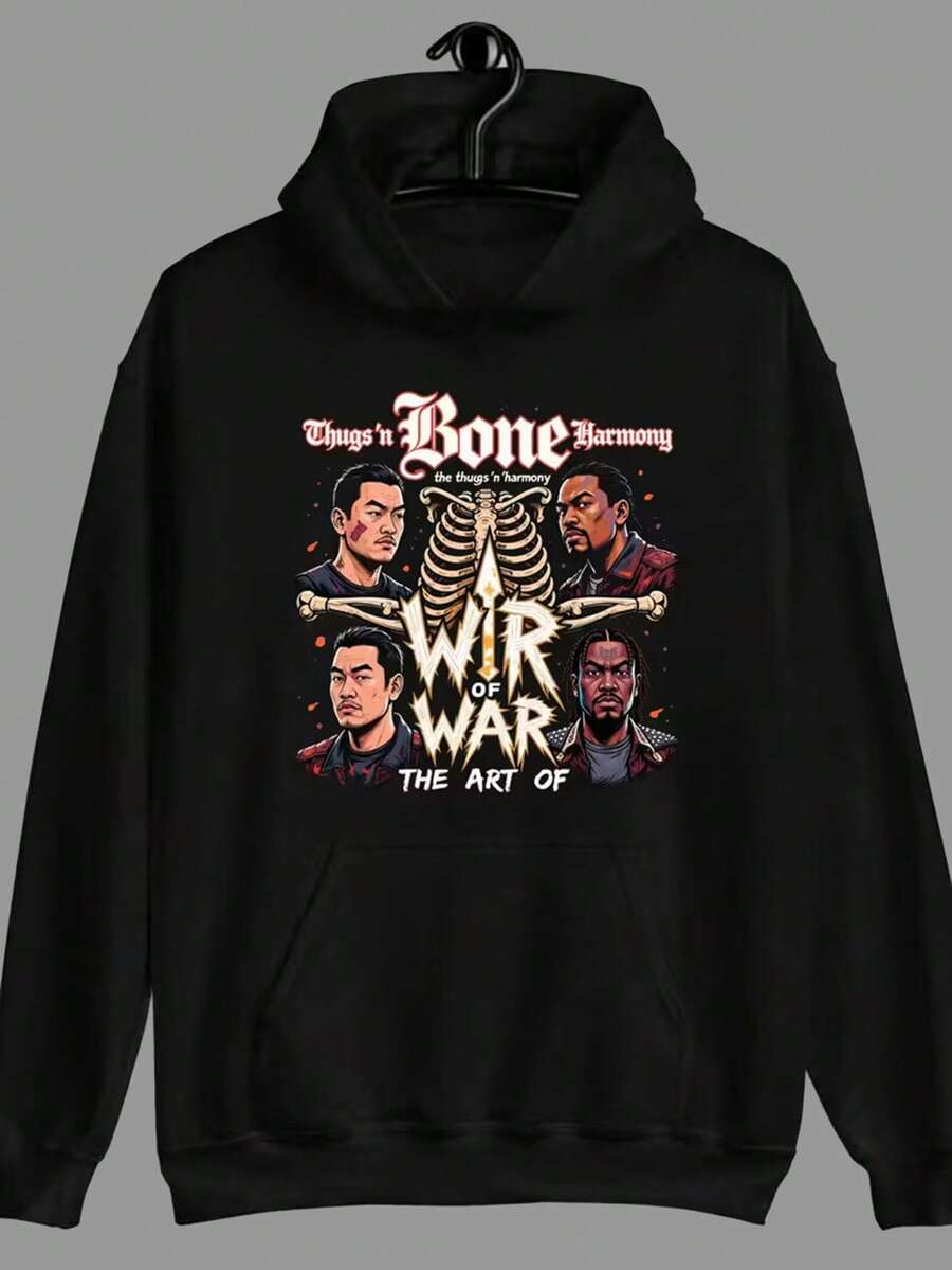 Men'S Bone Thugs-N-Harmony Graphic Hoodie - Hip Hop Inspired Sweatshirt With Skeleton & Rap Group Portraits, Loose Fit Pullover, Long Sleeve Casual Streetwear, Urban Fashion Gift For Music Fans, Autumn/Winter Warmth, Iconic Album Art Design,Fall Hoodies,Men's Fall Clothes,Street Wear,Halloween,Mens Hoodies,Y2k Clothes,Jesus Hoodie,Thanksgiving Day,Nightmare Before Christmas,Christmas - 黑色 - 查看 1
