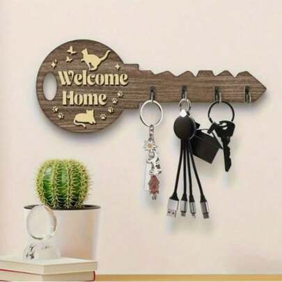 1 adet Yaratıcı Retro Ahşap Anahtarlık, "Eve Hoş Geldin" Ahşap Etiket, Duvara Monte Anahtarlık, Duvar Dekoru Sanatı, Noel Dekorasyonu, 2D