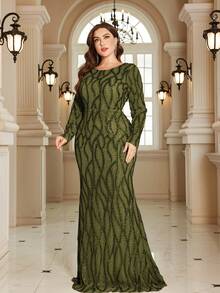 XUIBOL Váy cưới cho mẹ cô dâu tay ngắn sang trọng, trang trọng (Đính kèm nhiều họa tiết) - Màu xanh Ô liu - Xem 5