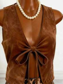 Women's New Fashion Sexy Western Cowgirl Style Retro Open Front Suede Sleeveless Vest, Versatile Casual Tie-Up Design Street Style Suitable For Travel - Brown - View 5