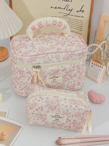 Pink Flower Pattern Cosmetics Storage Bag Soft Corduroy Makeup Bag Set Foam Quilted Home Items Storage Bag Large Capacity Travel Cosmetics Bag Set Retro Floral Print Makeup Handbag Portable Handheld Toiletry Bag Vintage Style Skincare Storage Bag Practical Makeup Brushes Organizer Bag - Pink - View 4