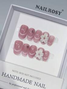 nailrosy 10片手工穿戴式美甲片 短杏仁形貓眼款 婚禮美甲貼片 壓克力美甲片 凝膠美甲套組 假指甲 婚禮生日派對用 哥德風壓克力美甲用品 可愛優雅 3D美甲凝膠雕花 - 粉色 - 查看 4
