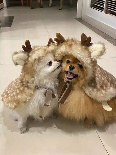 1 件舒适驯鹿连帽衫，适合小型犬和猫 - 柔软毛绒圣诞宠物服装，带鹿角，浅棕色和白色设计，温暖的冬季服装，适合节日乐趣，宠物节日服装 | 驯鹿服装宠物 | 毛绒宠物连帽衫，狗冬季外套