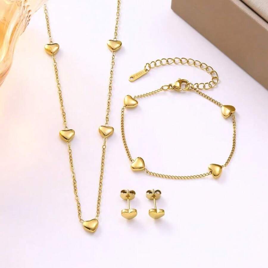 4pcs Stainless Steel Luxury Heart Jewelry Set For Women, Titanium Steel 18K Gold Plated Necklace, Bracelet, Earrings, Unique Design, Sweet & Cool, Great Gift