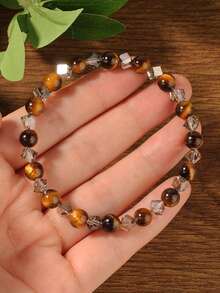1pc Malachite Natural Tiger Eye Stone Beaded Bracelet, Helps Relieve Stress & Anxiety, Suitable For Women's Daily Wear, Gift, Autumn/Winter Jewelry Accessory