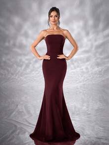 YISIKADO Women Elegant Ball Gown Rhinestone One Shoulder Shawl Sleeveless Formal Evening Dress Mermaid Fishtail Hem Prom Party Dress Elegant Wedding Guest Prom Party Banquet Dinner Graduation Adult Ceremony Celebration Concert Red Carpet Ceremonial Dress - 酒紅色 - 查看 4