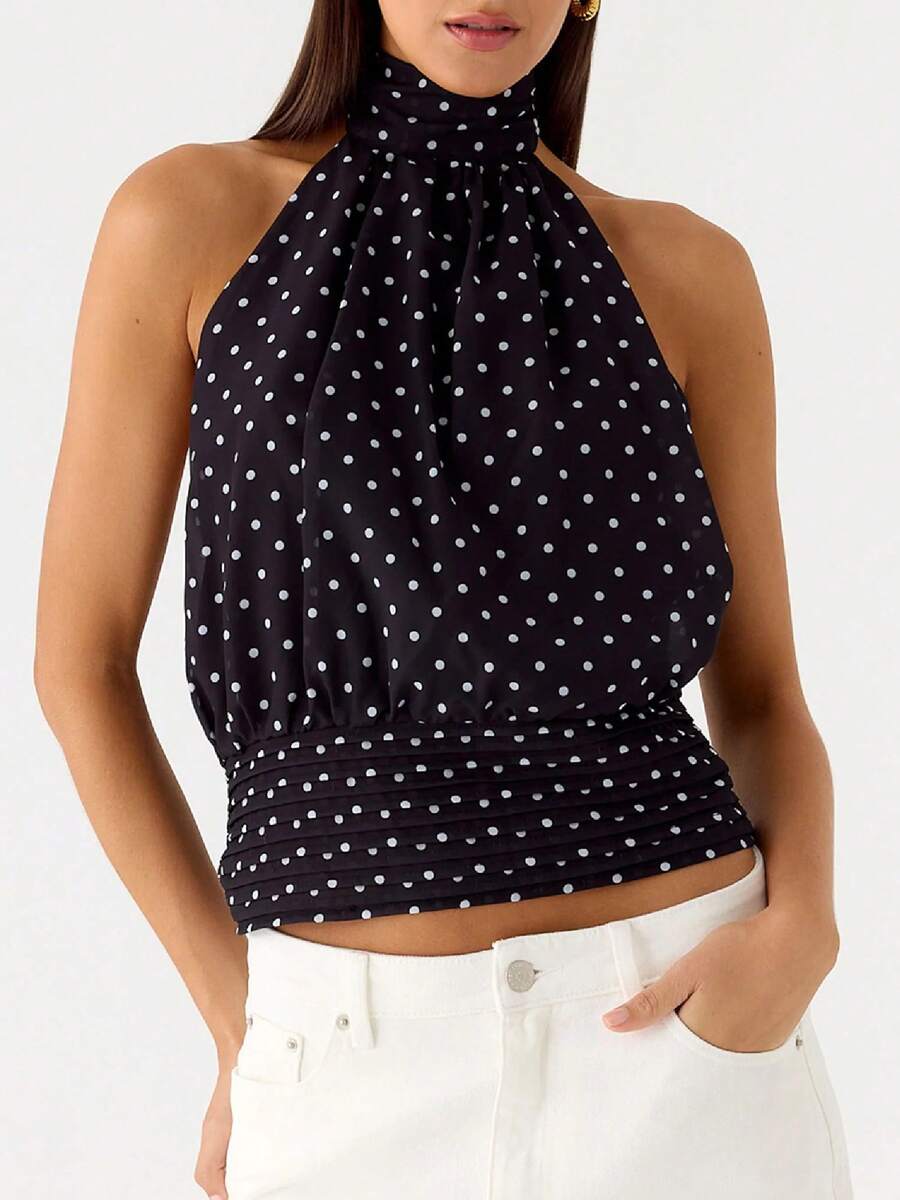 Women's Halter Pleated Chiffon Tank Top Sleeveless Neckline Tie-Up Open Back Tie Casual Blouses 2025 Summer Tops - 彩色 - 查看 1