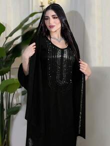 Purple Long Sleeve Rhinestones Middle East Style Women's Arabic Dress - Black - View 1