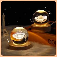 3D Night Light, Crystal Glass Ball Lamp, Moon, Galaxy, Solar System, Jupiter, Ferris Wheel Crystal Ball Night Light With Wooden Base, Bedside Lamp, Valentine's Day Gift, Warm Yellow Crystal Ball Night Light With Galaxy And Planet Pattern, Birthday Gift - Multicolor - View 3