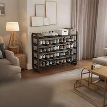 Durable 5-Layer Black Shoe Rack - Space-Saving Narrow Design, Wooden-Free Iron Craftsmanship, Suitable For Floor Installation In Foyers, Dormitories And Living Rooms, Shoe Rack, Wall-Mounted Shoe Rack, Vertical Shoe Rack, Foldable Shoe Rack, Wall Shoe Rack, Small Shoe Rack, Shoe Rack, Shoe Rack Organizer With Door, Shoe Rack With Cover, Over-The-Door Shoe Rack, Hanging Shoe Rack Organizer, Dormitory Essential, Living Room Decoration, Modern Storage Device, Fashionable Shoe Rack, Iron Structure, Lightweight Rack, Multi-Layer Rack, Small Space Solution, Apartment Living - Black - View 10