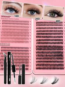 Waloshow DIY 640 件 D 卷单簇睫毛延长套装，10-16 毫米 30D+40D+50D 黑色浓密束假睫毛，D 卷簇睫毛延长套装，适合家庭使用浓密轻盈的睫毛延长睫毛簇套装，睫毛，睫毛，假睫毛 - 黑色 - 查看 19