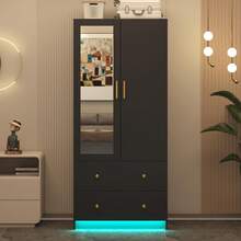 2 Door Wardrobe Closet With Mirror & LED Lights, Bedroom Armoire With Drawers & Shelves, Modern Wooden Armoire Wardrobe Closet With Hanging Rod For Bedroom - Black (2Doors) - 查看 9