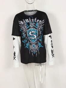 夏季纯色时尚街头风圆领印花拼接长袖Y2K女式上衣 - 藍色 - 查看 3