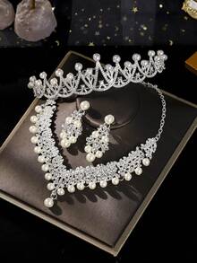 1set Elegant Rhinestone Tiaras Crown For Women Queen Crown Jewelry Set Necklace Earring Princess Wedding Birthday Prom Pageant Party Ceremony Photo Props