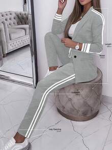 女式休闲运动侧条纹夹克和裤子套装 - 灰色 - 查看 5