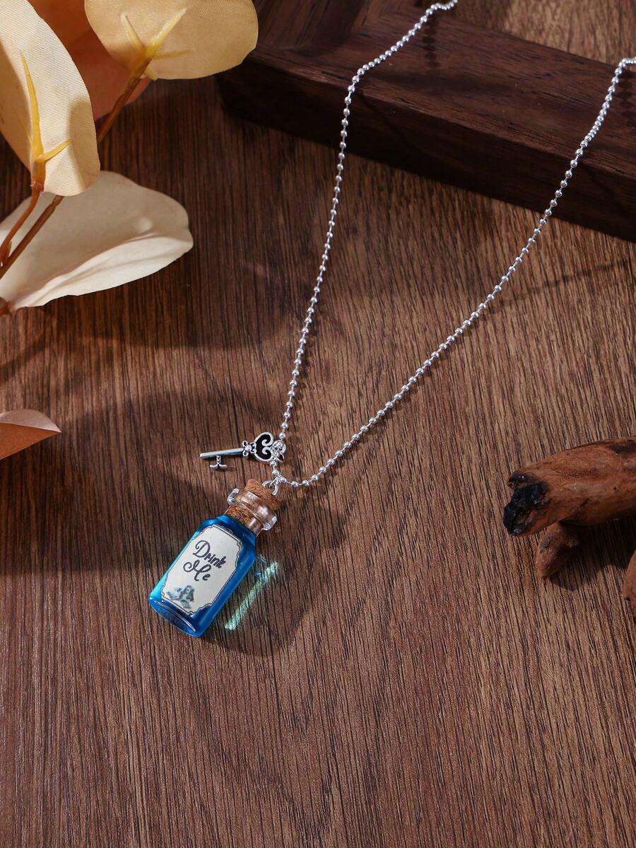 1 件 Drink Me 爱丽丝梦游仙境玻璃瓶项链吊坠软木塞小瓶吊坠，适合日常佩戴 - 銀色 - 查看 1