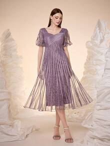 Mgiacy,New Arrival,Square Collar, Short Lantern Sleeves, Printed Mesh, Drawstring, Large Hem, High-End Evening Dress,Party Dress,Wedding Guest Dress, Evening Dress - Dusty Pink - View 4