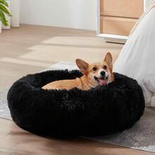 Calming Soft Round Dog & Cat Bed, Anti-Anxiety Donut Cuddler Warming Cozy Fluffy Faux Fur Plush Cushion Bed For Small Medium Pets (20"/24"/27"/30"), Light Grey - màu đen - Xem 4