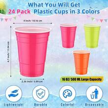24 Pack 16 Oz Neon Plastic Cups Disposable Colorful Party Cups, Bachelorette, Wedding, Birthday Party Supplies Neon Drinkware Decorations Pink, Orange, Green - Pink, Orange, Green - View 3