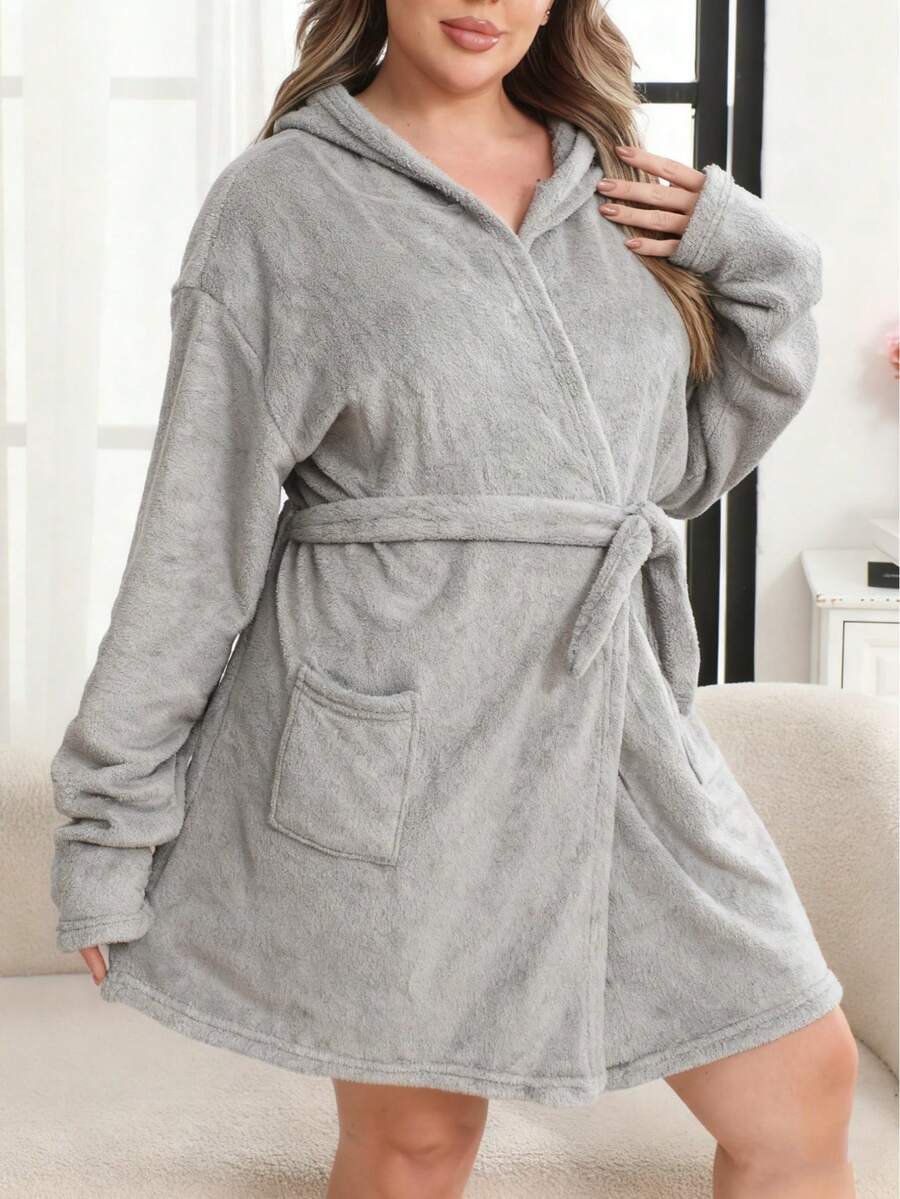 1 Áo choàng lông ấm áp có mũ trùm đầu màu trơn cỡ lớn dành cho nữ, thoải mái và ấm áp cho mùa thu/đông - Xám - Xem 1