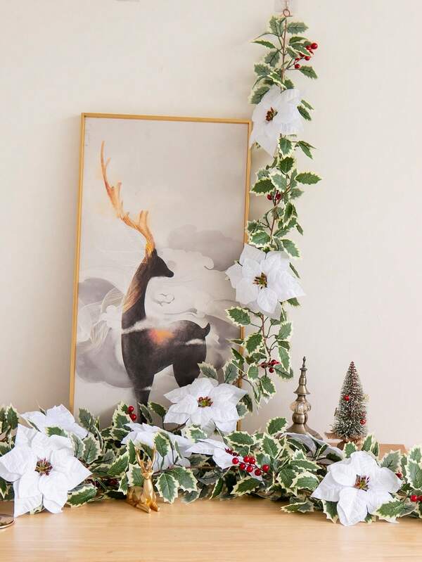 1 peça de 66,9 polegadas de videira vermelha artificial de primeira qualidade com frutas vermelhas e folhas verdes realistas, guirlanda de Natal com folhas de azevinho artificiais, adequada para mesas de jantar de Natal, lareiras, casamentos, paredes, decorações de varanda, guirlandas faça você mesmo, decorações de Natal para casa, decorações de Natal para ambientes internos e externos, fácil de pendurar, sem necessidade de manutenção