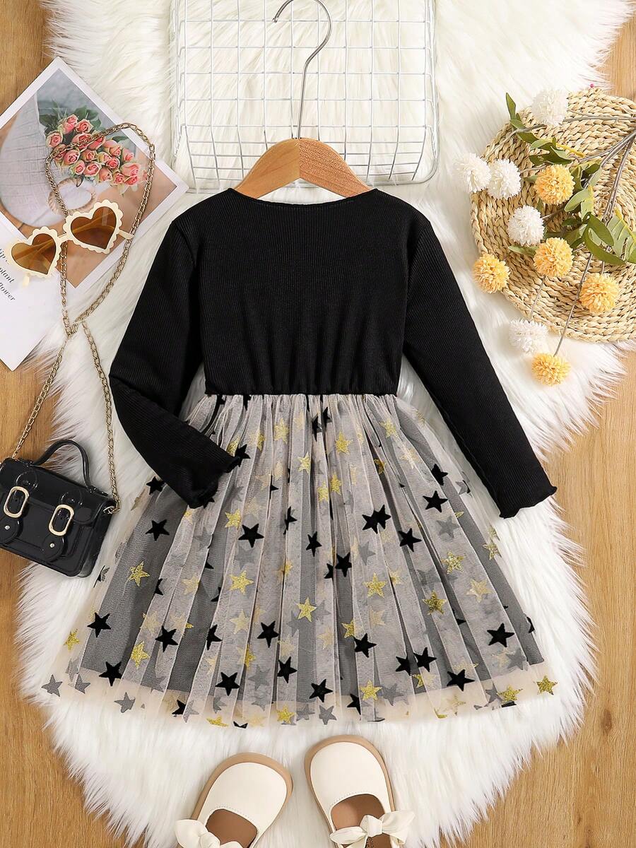 Young Girls' Fashion New Spring/Autumn Outfit, Girls' Solid Color Ruffle Sleeve Round Neck Long Sleeve Patchwork Star Print Mesh Hem Double Layer Dress, Girls' Casual Outdoor Simple Comfortable Versatile Childrenswear, Elegant Party Dress - Black - View 1
