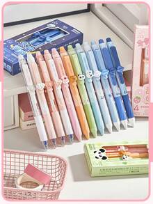 Set de 4 bolígrafos de gel borrables de color rosa dulce, con clips extensibles de dibujos animados de animales y el espacio, tinta de color negro de 0.5 mm, útiles escolares y de oficina para estudiantes