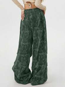 YI XUAN Women's Plus-Size Green Corduroy Wide-Leg Fall Trousers, Drawstring Waist With Pockets, Non-Stretch Loose Fit. - Army Green - View 4