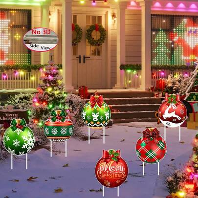 6 Peças Bolas de Natal para Decoração de Quintal Externo, Adequado para Superfícies Planas 2D, Acompanha 12 Estacas de Plástico, Decoração de Natal Externa, Estacas de Bola de Plástico de Natal Festivas para Quintal, Pátio, Gramado - Decorações de Feriados Externos