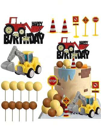17 st eller 1 st bygg- och fordonstårtdekorationsset, grävmaskinstårtdekoration, trafik- och vägfestdekorationer, födelsedagsfesttillbehör lämpliga för fordonstema födelsedagstårtdekorationer, babyshower-födelsedagsfesttårtdekorationer