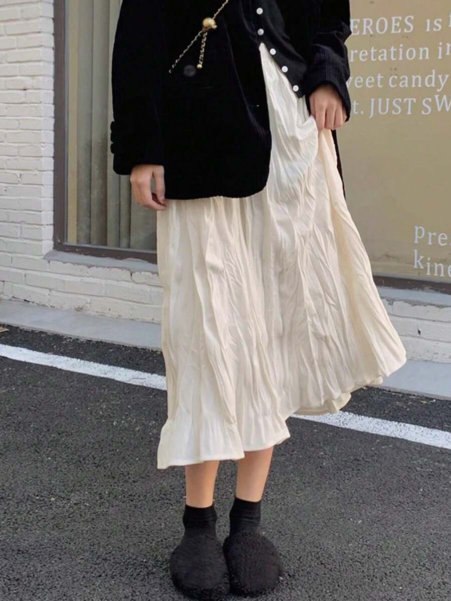 女式优雅纯色纹理松紧腰褶皱长裙 - 杏色 - 查看 1