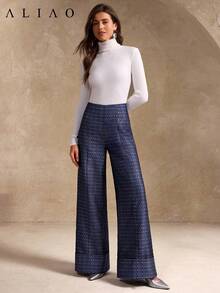 Aliao High-End Jacquard Indigo Washed Wide-Leg Pants, Suitable For Autumn, White Party Events, Old Money Style, Palace Style, Dignified, Business Casual Women's Wear, Back To School, Bohemian Style, New Year
