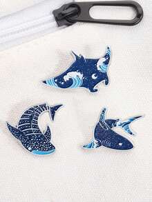 3Pcs Ocean Creature Badges Shark Ray Whale Shark Theme Wave Element Fantasy Design Marine Dream Style For Daily Healing Accessory Backpack Decoration Ocean Lover Gift Set - Blue - View 4