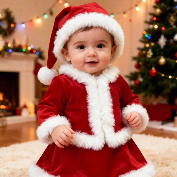 3件套婴儿圣诞套装 - 圣诞宝宝连衣裙（帽子+上衣+裤子），婴儿圣诞服装，适合拍照、庆祝百日诞辰及家庭聚会，圣诞节和新年礼物，男女宝宝皆宜 - 彩色 - 查看 4