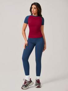 NcmRyu 1 Set Pakaian Olahraga Wanita Kasual Patchwork Warna Kontras dengan Karet Leher Bulat Lengan Pendek dan Celana Panjang untuk Musim Panas - Navy Blue - View 9